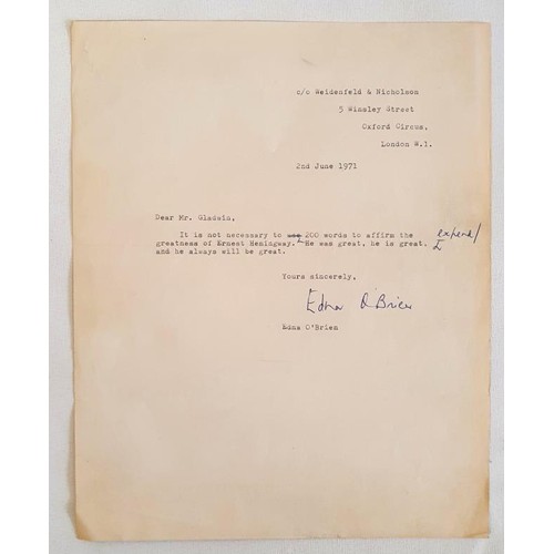 193 - Edna O’Brien signed letter from 1971, in answer to a correspondent asking her opinion to the g... 