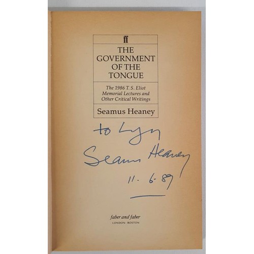 234 - Seamus Heaney. The Government of the Tongue. 1989. Signed inscription to Lynn (Kramer) dated 11th Ju... 