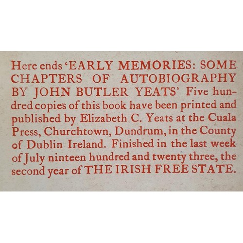 257 - John B. Yeats. Early Memnoirs : Some Chapters of Autobiography. Cuala Press. 1923. Limited edit. Boo... 