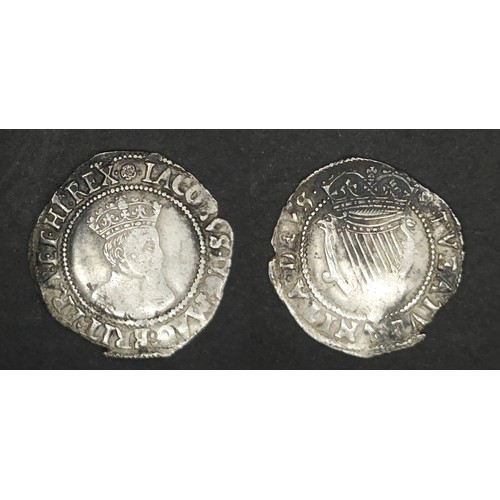 68 - Ireland. James I 1603-1625. Sixpence second coinage 1604-7. First bust M.M.Rose. Obv crowned bust to... 