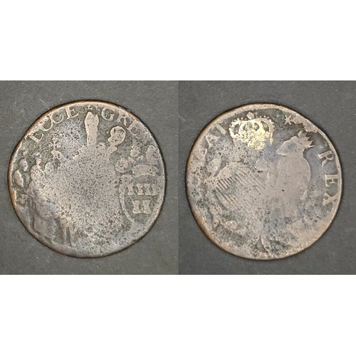 80 - Ireland Charles III 1660-1685. Copper halfpenny armstrongs coinage 1660-1601. Obv, floreat rex, King... 