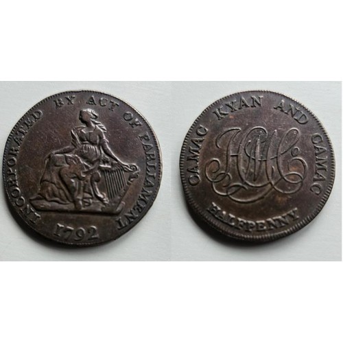 663 - Dublin. Copper camac halfpenny 1792. Obv, Hibernia seated left, INCORPORATED by Act of Parliament 17... 