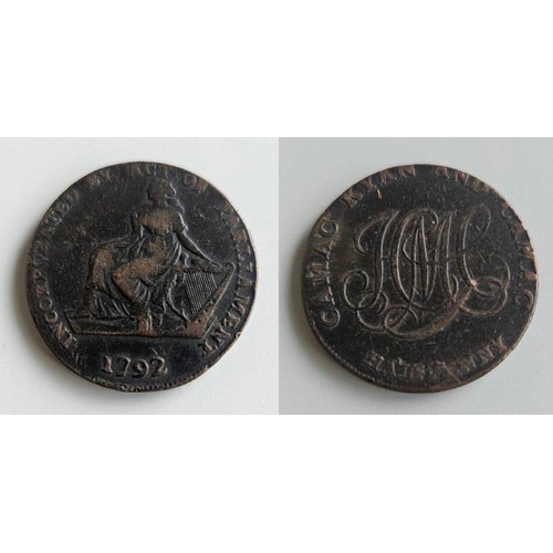 669 - Dublin. Camac copper halfpenny 1792. Obv, Hibernia seated left, incorporated by Act of Parliament. H... 