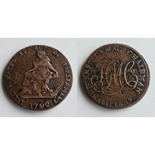 673 - Dublin. Turner Camac copper halfpenny 1792. Obv, seated figure of Hibernia left, incorporated by Act... 