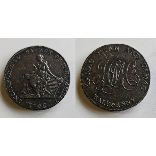 674 - Dublin. Camac halfpenny 1792. Harp with 9 strings. Head under A of Act. R.P. and A.T. of incorporate... 