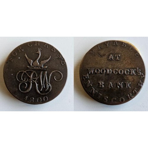 675 - Wexford. Enniscorthy, Robert Woodcock copper halfpenny 1800. Obv, R.W.Cypher, crest a peacock, for c... 