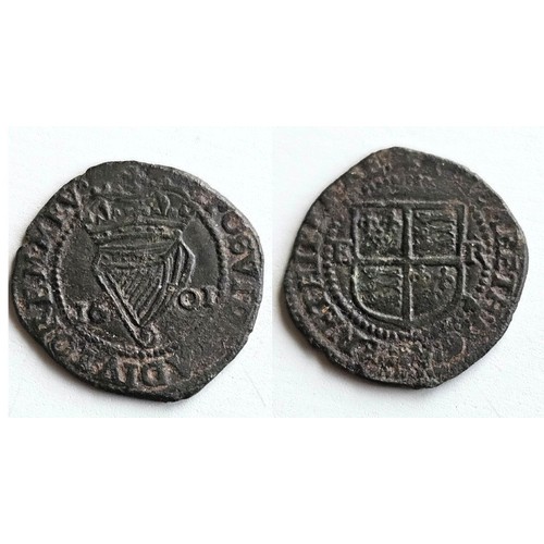 56 - Ireland. Elizabeth I 1558-1603. Copper penny 1601. Obv quartered shield, E to left R to right. M.M. ... 