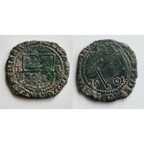 57 - Ireland. Elizabeth I 1558-1603. Copper Penny 1601. Obv. quartered shield, E to left R to right. M.M.... 