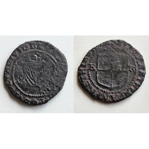 58 - Ireland. Elizabeth I 1558-1603. Copper penny 1602. Obv quartered shield E to left R to right. M.M. M... 