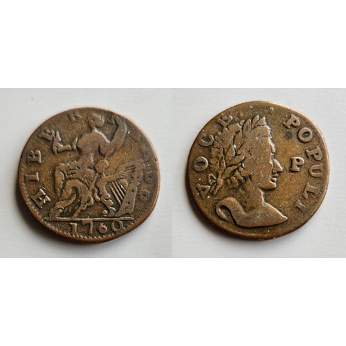 77 - Ireland George III 1760-1820. Copper voce populi halfpenny 1760 Type 9, P before face. Obv. Laureate... 