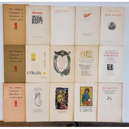 The Dolmen Chapbook; A Miscellany in Twelve Parts Kinsella, Thomas etc. Published by Dolmen Press, Dublin, 1954-1960. Containing The Ballad of Jane Shore; A Wexford Carol; The Perfect Wife; Thirty Three Triads; Death of a Queen; The Mines of Siberiay; The Loves of Bregog and Mulla; O'Reilly; Irish Elegies; Angel Songs; A Gaelic Alphabet; Moralities. All contained in a custom made wraparound cloth box and quarter calf slipcase. Most of the individual pamphlets were published in editions of only 250, and complete sets are extremely rare.