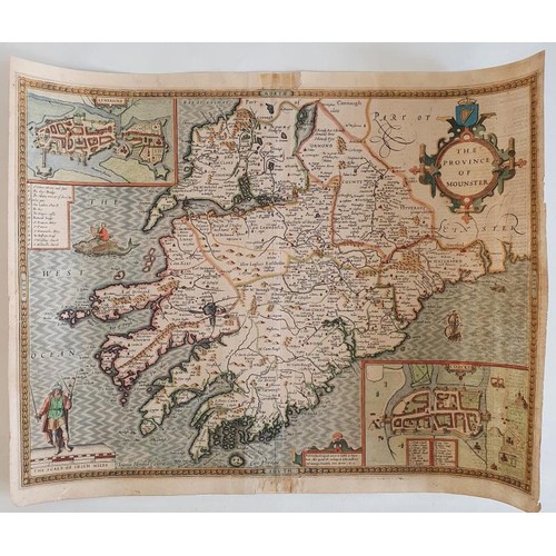 Original John Speede Map of The Province of Mounster dated 1610 with the cities of Lymaricke and Corke hand coloured also featuring coloured sea monster, shipping, fine cartouche. and compass scale. Size 42 x 53cms. 2 page contemporary text at rear.