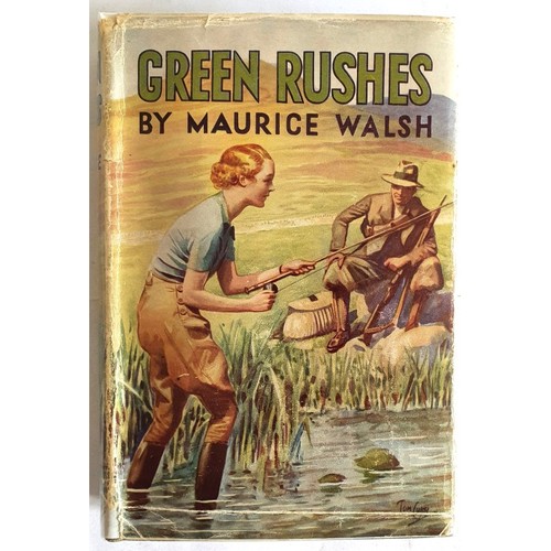 Maurice Walsh - GREEN RUSHES, (First Appearance of The Quiet Man) published by & W.R Chambers Limited. London, 1935. First UK Edition, First Printing with "First Published September 1935” to the copyright page. Green cloth title in gilt to the spine, a sprinkle of spotting within, tight binding. The extremely scarce jacket is present, not price clipped (7/6 net), The illustrated jacket is by Tom Curr. Extremely rare true first in original jacket.