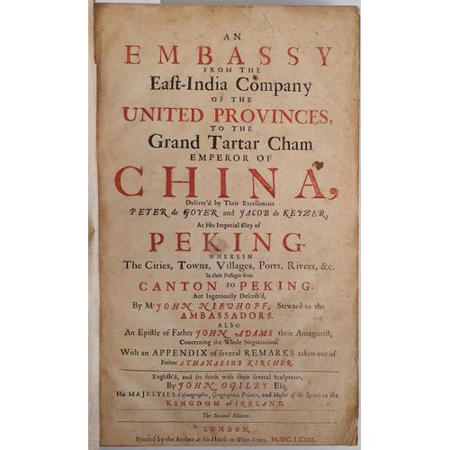 John Neuhoff and John Ogilby, Master of the Rolls in the Kingdom of Ireland. An Embassy from the East India Company of The United Province to the Grand Tartar Cham, Emperor of China. London. 1673. Second edition in English. Complete with 17 full page plates, 94 text engravings and 2 folding maps. Folio. Half calf. Extremely rare