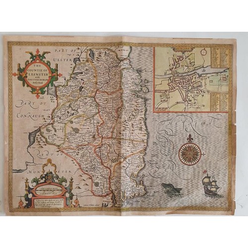 John Speed. Original coloured map of the province of Countie of Leinster dated 1610, with inset map of Dublin, compass rose, sea monster & galleon. Scarcest of Speed's Irish provincial maps. Contemporary printed text on rear. Unframed. Rare