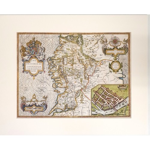 John Speede. The Province of Connaugh with The Citie of Galwaye described. 1610. Very fine hand coloured map with compass rose, Scale of Irish miles. Very decorative cartouche and fine inset map of Galwaye. 33 by 51cms. Mounted.