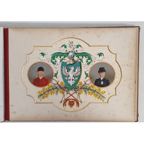 A large beautiful Oblong folio dedicated album to Assheton Biddulph and his wife dated 23rd June, 1898 designed and illuminated by James McConnell, 41 Lower Sackville St., Dublin. The Album is bound full crimson morocco with a brass mounted stallion in a jumping position on cover. The album consists of thick cardboard watercolour pages of (A) Dedication page to Biddulph & wife with decorative Coat f Arms, fox hunting motifs , Page (B) Fine painting of Biddulph, wife and colleague mounted surrounded by hounds. Pages C D and E. consist of 146 names of friends and hunting colleagues in decorative borders. Biddulph was Master of Fox Hounds of the Ormond Hunt and King's County Hunt 1884-1897 and the King's County Hunt 1897. The drawings, all of which are signed by McConnell are beautifully executed and is probable the finest Co .Offaly dedicated hunting album ever sold in the county