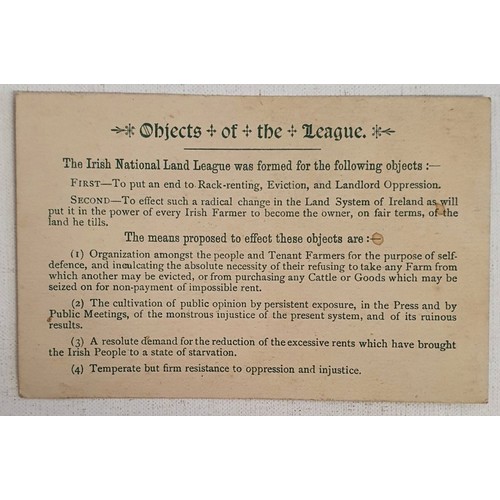 52 - 1881 Irish National Land League membership card. Letterpress with manuscript on card. Issued by the ... 