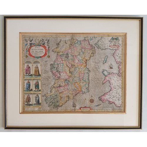 John Speed. The Kingdom of Ireland Divided into Provinces and Counties dated 1610. Finely hand coloured depicting Irish harp held by Putti, Compass Rose, sea monsters and galleons. Also illustrating Irish natives , men & women, as interpreted by Speed in traditional costumes and contemporary clothing. Sze 42 X 53cms. Double page English text at rear. Fine Hogarth style frame The Speed map of Ireland is generally regarded as the most attractive of the early maps produced of Ireland, particularly in its illustrations of the inhabitants and good examples rarely come on the market.