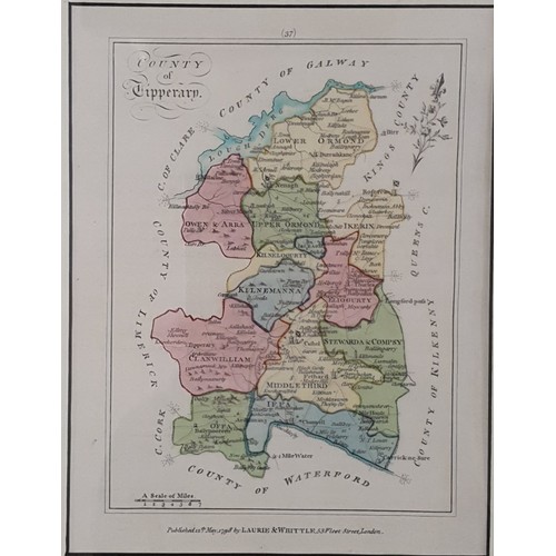 15 - Framed scale Hand cololured maps of Tipperary and Waterford, 1798 35 X 30cm-framed