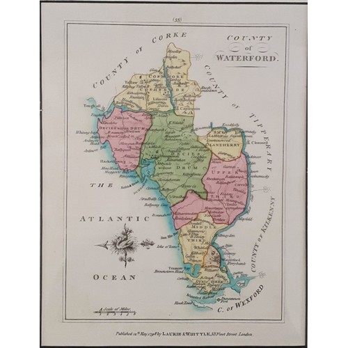 15 - Framed scale Hand cololured maps of Tipperary and Waterford, 1798 35 X 30cm-framed