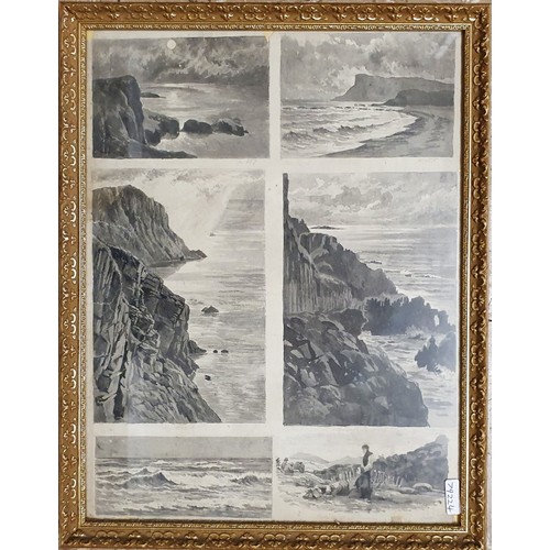 37 - Six Water colours on one page depicting Irish Scenes mainly northern inc. Fair Head. Frame c.30.5cm ... 