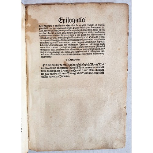 53 - Incunabula: Boethius. De Consolatione Philosophiae. Cologne, 1497.Title page with large woodcut devi... 