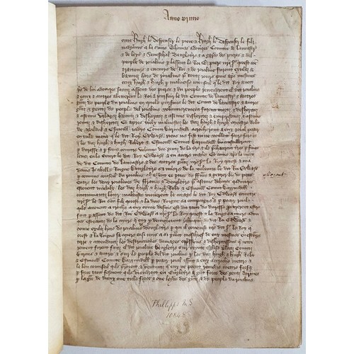 Sir Thomas Phillipps 15th Century Medieval Legal Manuscript - a bound manuscript volume with a note "Phillipps MS 10848" on the lower margin of the first page. The entire, written in Middle French or Law French or similar dialect. The first portion of this volume which contains c.143 manuscript leaves which generally outlines accusations against individuals holding influence over King Edward II, and specifically mentions Hugh le Despenser (The Elder) and his son “Hugh le Despenser le fils (The Younger). Other nobles are mentioned – Count de Lancastre, Count de Rychmund. This section is headed Anno Xlmo which corresponds to the 11th Year of King Eward’s reign, around 1317-1318. 