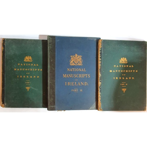 Facsimiles of National Manuscripts of Ireland, selected and edited under the direction of the Right Hon. Edward Sullivan, Master of the Rolls in Ireland, by J. T. Gilbert, secretary of the Public Record Office of Ireland; and Photozincographed by command of Her Majesty Queen Victoria, by Major-General Sir Henry James, director-general of the Ordnance survey. Four parts in five volumes, Parts 1- 4 (2), complete set, comprising vol.1 to c.1150; vol.2 c.1150 to c.1300; vol.3 c.1300 to c.1550; vol.4 part 1 c.1550 to c.1620; vol.4 part 2 c.1620 to c.1720. Elephant Folio. Published by Public Records Office of Ireland, Dublin, first edition, 1874 - 1884 (5)