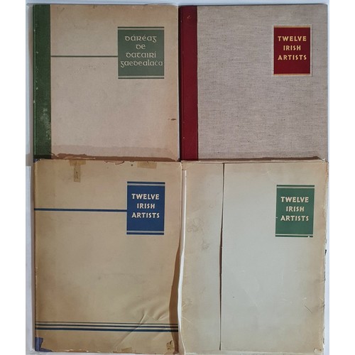 Bodkin, Thomas (Intro). Exceptionally Rare Set - Twelve Irish Artists - Includes the very scarce Irish language edition (very limited print run) "Daréag de Dhathairí Gaedhealacha"; The Signed Limited Edition (this being No.85 and signed by Colm O'Lochlainn): The Trade Edition; and the Folio of Prints designed for Framing. All first editions, all folio size, all in their original bindings/folder, all by Victor Waddington Gallery and printed at the Three Candles Press in 1940. All complete with 12 tipped-in coloured illustrations by leading Irish artists, James Humbert Craig, William Conor, Grace Henry, Paul Henry, Sean Keating, Harry Kernoff, Charles Lamb, Maurice McGonigal, Frank McKelvey, Dermod O'Brien, Sean O’Sullivan and Leo Whelan, with descriptions. Exceptionally rare to be offered as one complete set. (4)