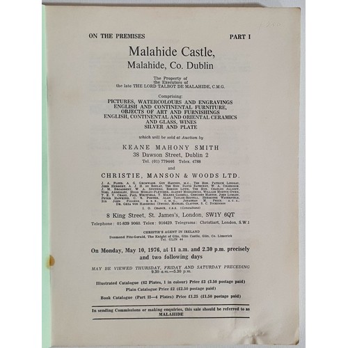 17 - Christies & Keane, Mahoney Smith catalogue of contents of Malahide Castle, Co. Dublin sold 10th ... 