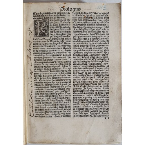 INCUNABULA. Augustine De Ancona (c.1270-1328) "Summa De Ecclesiastica Potestate (Treatise on Ecclesiastical Power). Printed in Vencie on October 14, 1487 by Johannes Leoviler de Halle but commissioned at the expense of Octavianus Scotue of Monza. Full calf, three raised bands on spine with gilt titles. Ex libris inscription on margin of first page. Clamshell case (1)