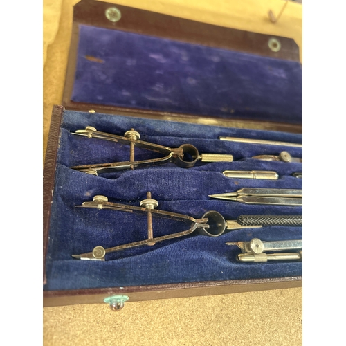 Vintage precision drafting instrument set in wooden case with blue ...