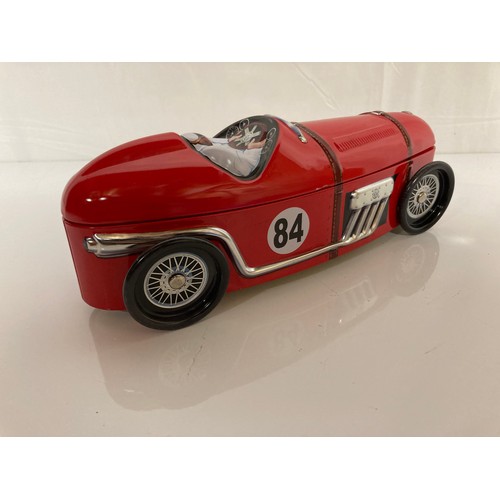 9 - Franklin mint Edwardian era Packard, an Alfa Romeo Monza and racing car biscuit tin