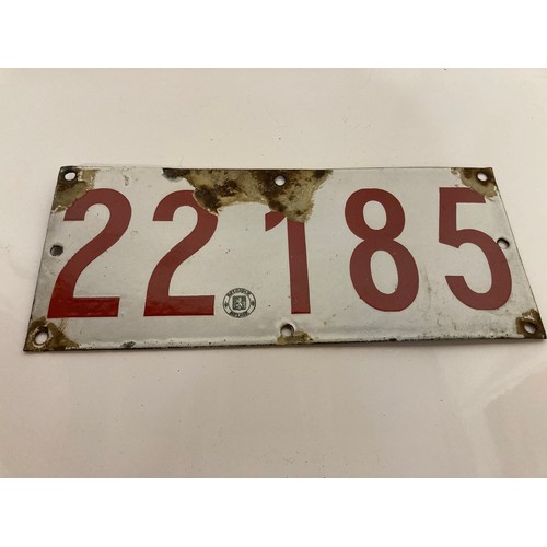 50 - Vitreous enamel veteran motor car registration sign from Belgium 13 inches x 5.5 inches