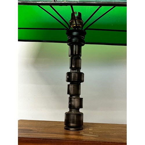 38 - Motoring themed table lamp, stained glass shade features a Le mans Bentley racing car, the lamp stem... 