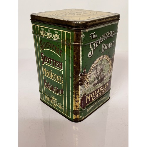 375 - Antique sweet storage tin, advertising the Scottish National Exhibition of 1908 a lithographic print... 