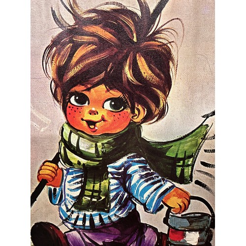 161 - Mid century tourist art, from a series of cute large eyed children set in French scenes, this period... 