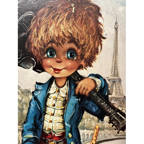 162 - Mid century tourist art, from a series of cute large eyed children set in French scenes, this period... 