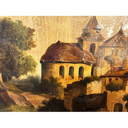 166 - C19th painting of a rural church and village scene 

This lot is available for in-house shipping