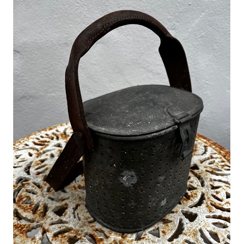 204 - Unusual galvinized steel storage tin, possibly for fishing, it has a leather carry handle and a shou... 