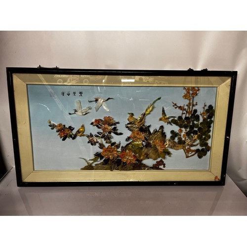 215 - Mid Century furnishings, Chinese resturant artwork. A composite still life of birds and flowers  on ... 