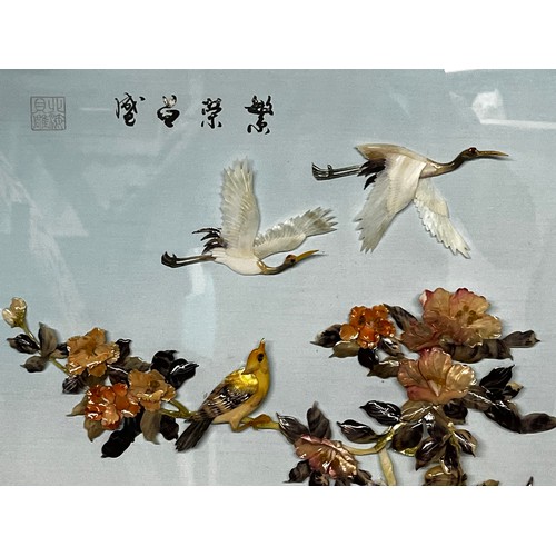 215 - Mid Century furnishings, Chinese resturant artwork. A composite still life of birds and flowers  on ... 