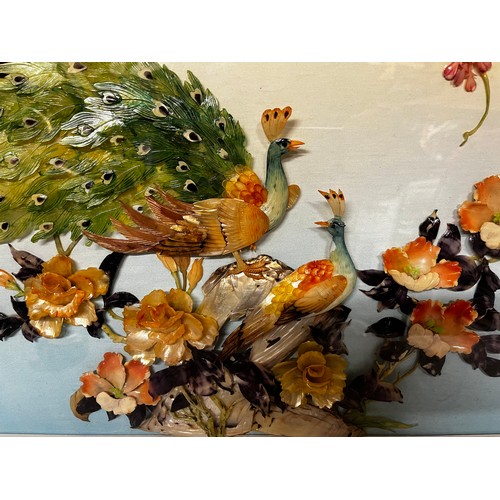 216 - Mid Century Art, Chinese resturant artwork. A composite still life of birds and flowers  32 inches w... 