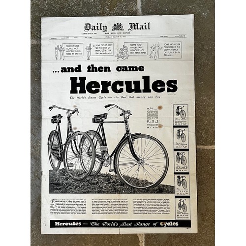 218 - Promotional advertising, cycling ephemera, Hercules bicycle showroom poster dated 1934, 61 cm x 43 c... 