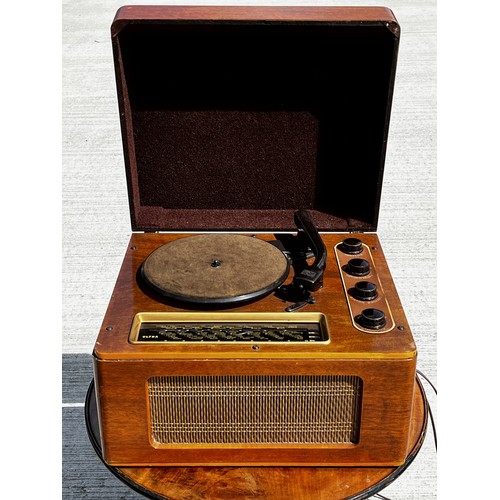 53 - Art Deco wooden cased music centre comprising a record player, radio and speaker within a single uni... 