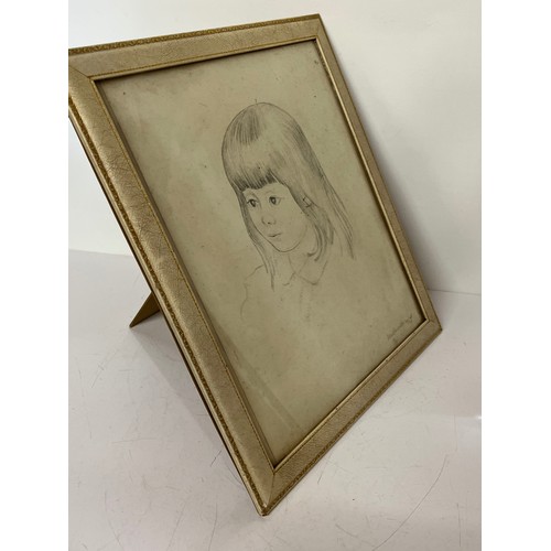 236 - Framed study of a girl by David Kindersley, mounted in a large leather table top frame 16 inches x 1... 