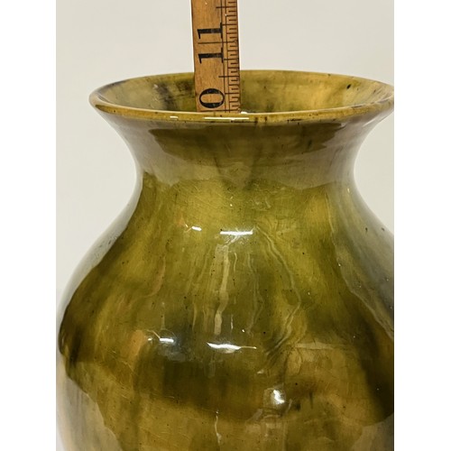 250 - Art pottery vase with stunning smoked green glazed outer, swirl S mark to the base. Approx. 12 inche... 