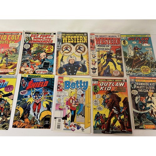 258 - Box of mixed Super heroes comics, Western, Sgt Fury, Kid Colt, Legend of the Shield etc. 42 in all

... 