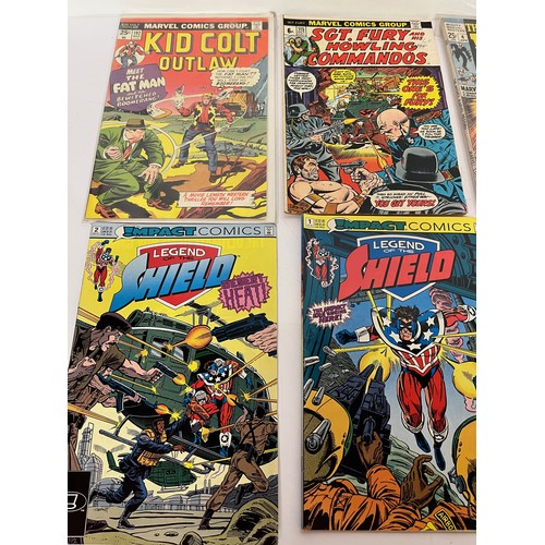 258 - Box of mixed Super heroes comics, Western, Sgt Fury, Kid Colt, Legend of the Shield etc. 42 in all

... 